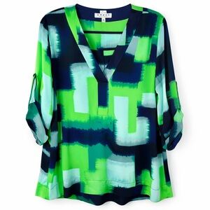 Chaus Medium Green Blue Abstract Print V-Neck Tunic Blouse Roll Tab Sleeve Med
